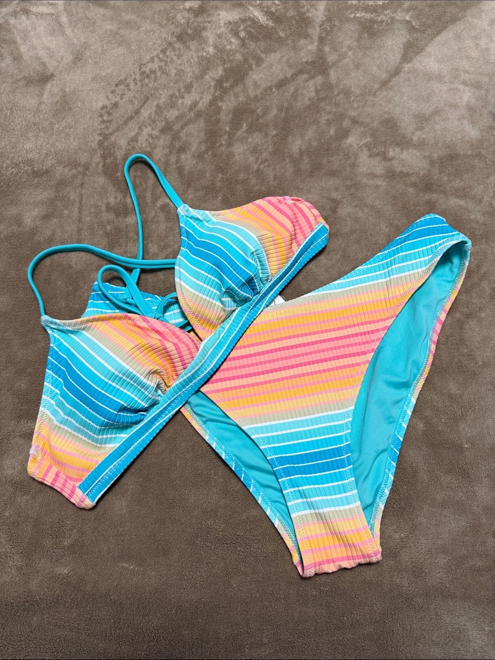 Cupshe Ribbed Rainbow Striped Bikini Set Colorful Neon Beachy Vacation Y2K